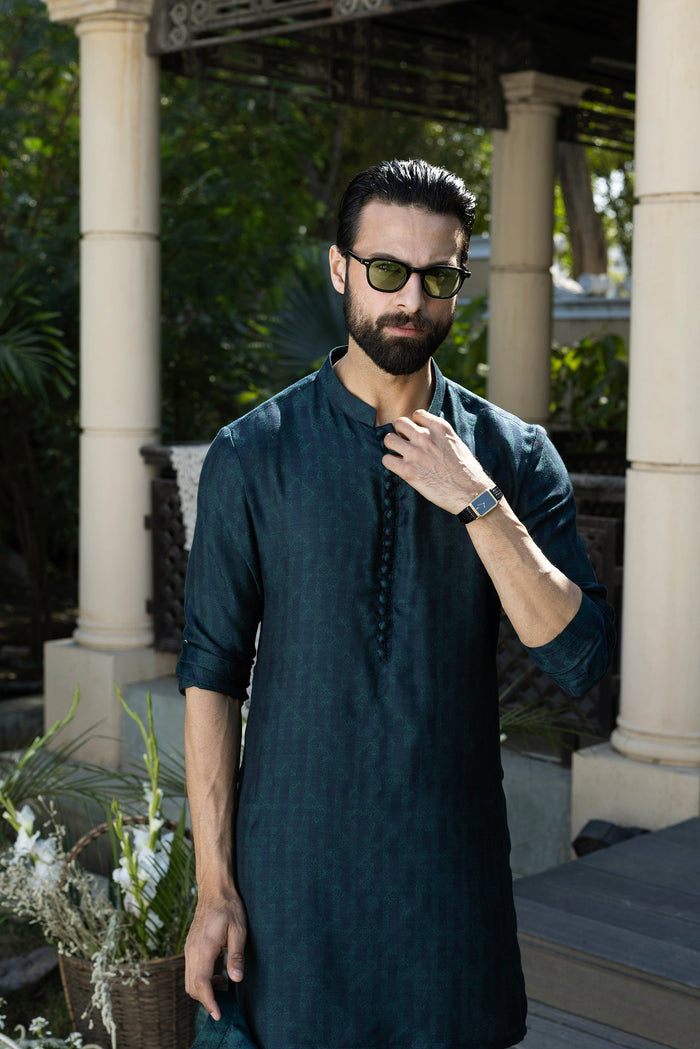 Teal Green & Blue Muhazzab Kurta Pajama