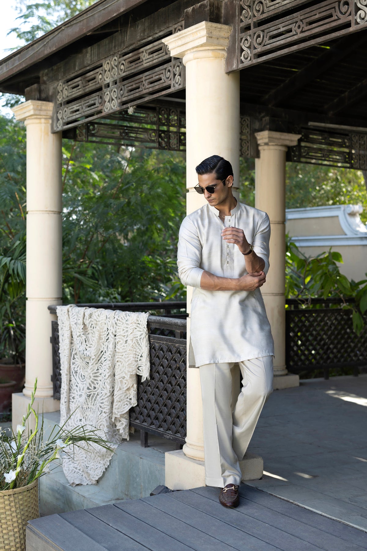 Light Beige Muhazzab Kurta Pajama