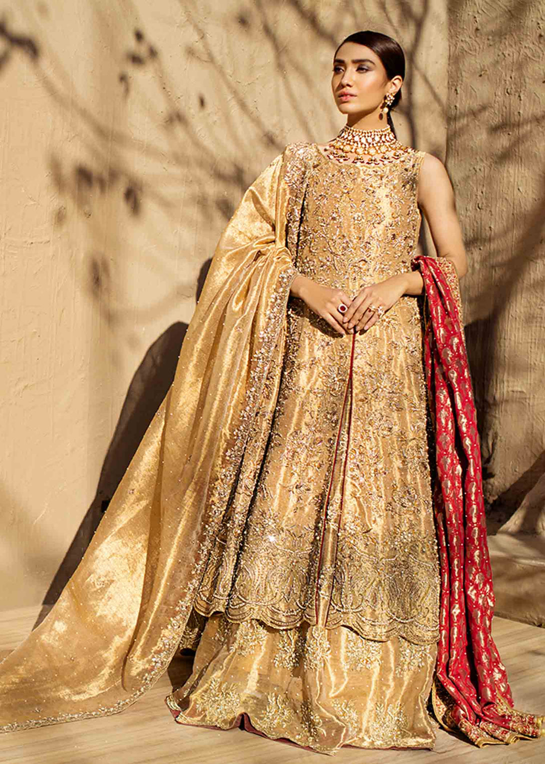 Gold Pakistani Bridal Dress in Gown and Lehenga With Red Dupatta UY Collection Gold Pakistani Bridal Dress in Gown and Lehenga With Red Dupatta UY Collection