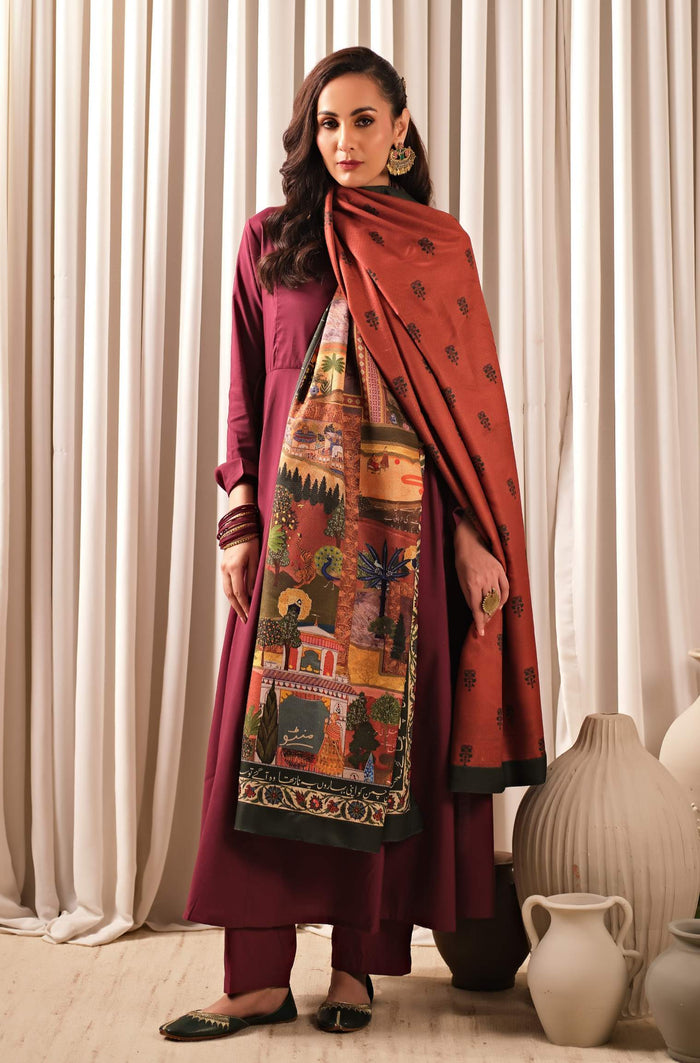 Bagh-E-Mughal Shawl - Green & Rust