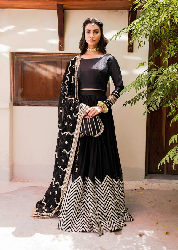 Black Blouse, Lehnga, Dupatta, Potli