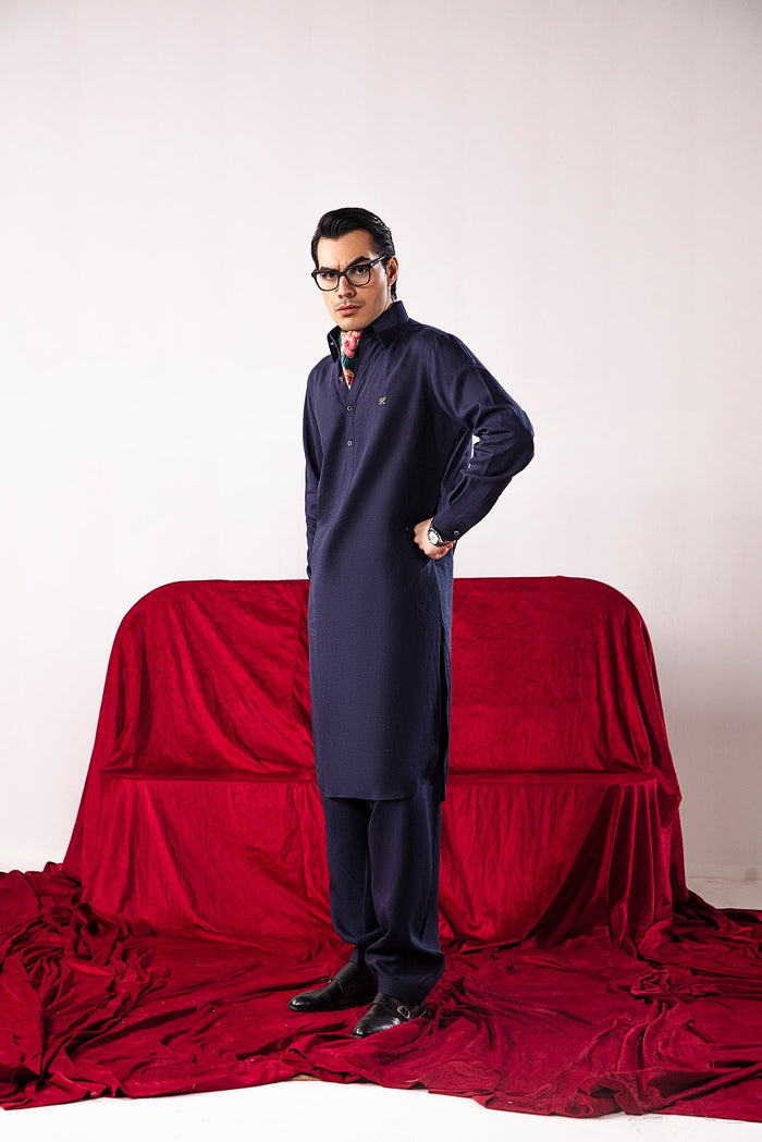 Navy Blue Linen Shalwar Kameez