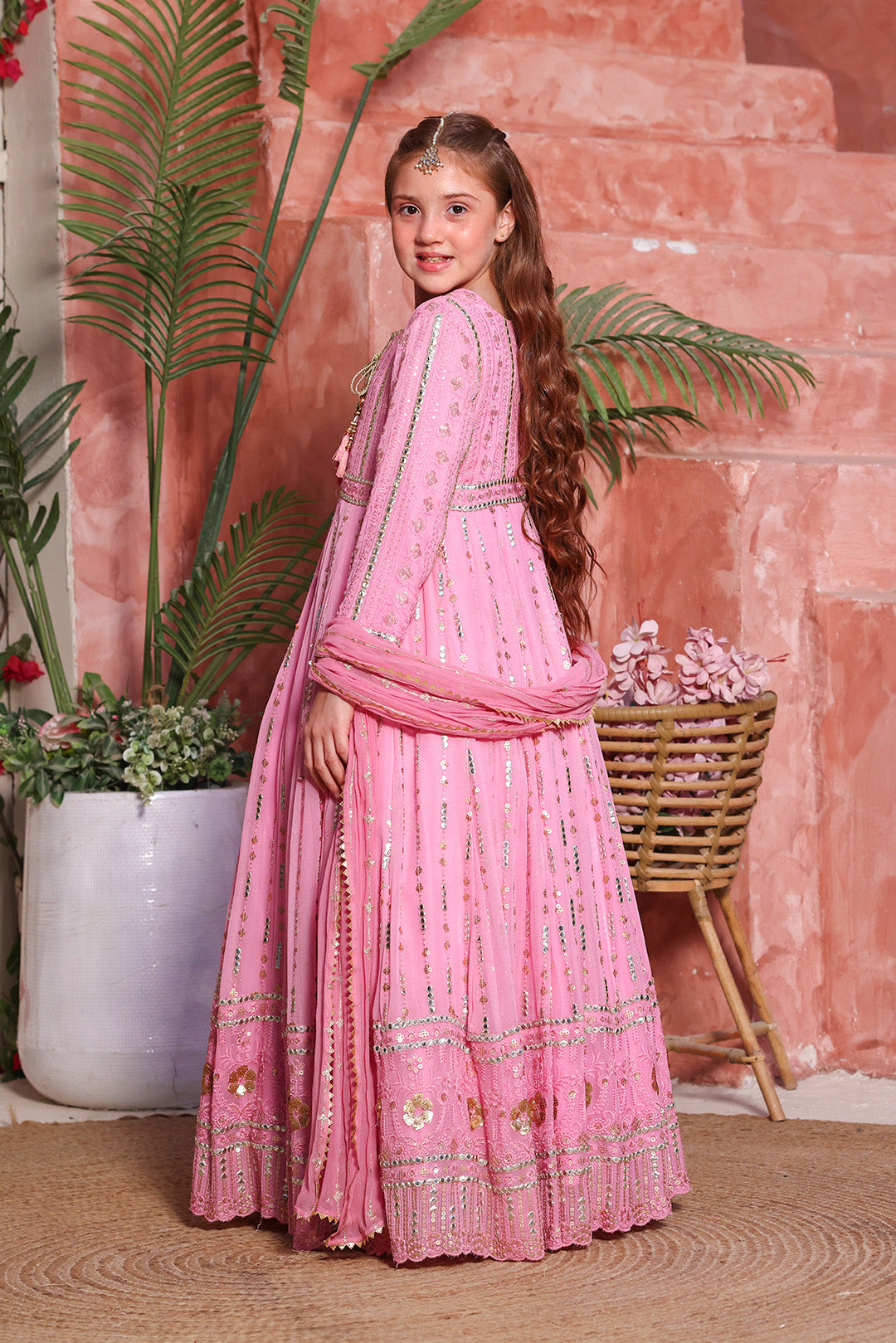 Flamingo Pink Embroidered Luxury Festive Chiffon Maxi