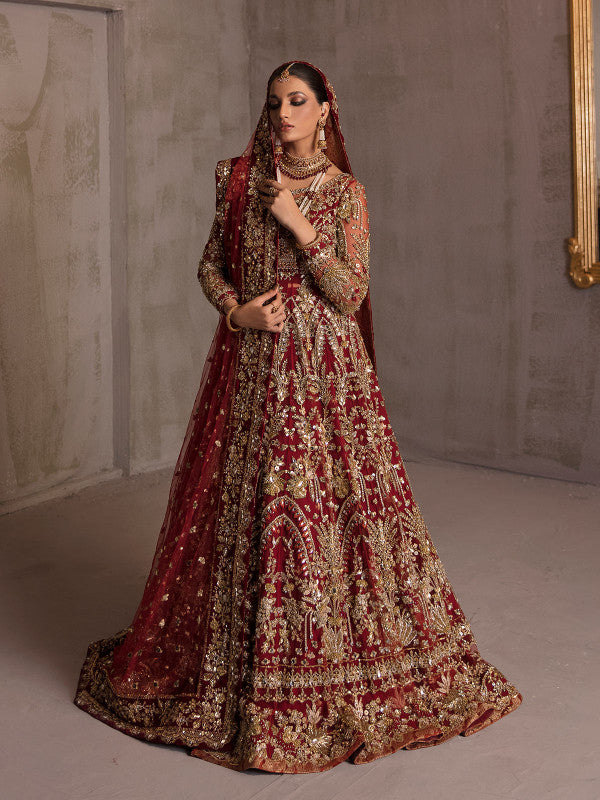 Red Pakistani Bridal Dress in Gown Lehenga Style