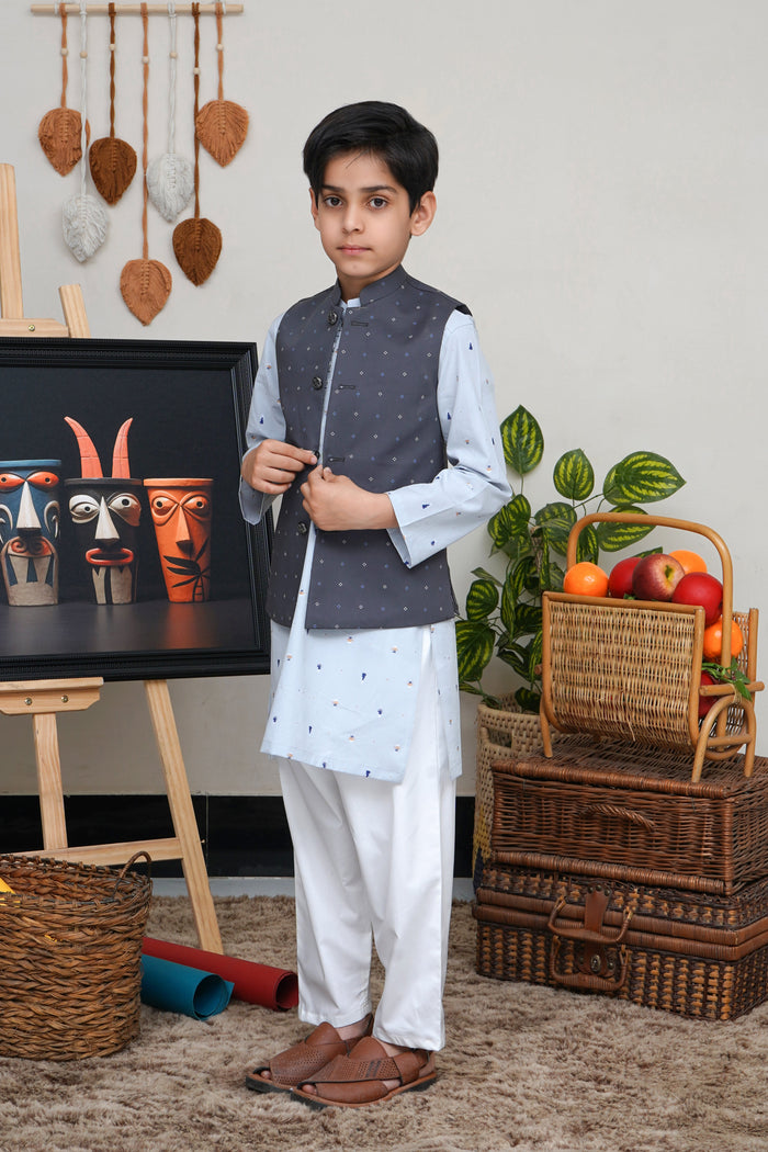 Charcoal Gray Printed Boys Waistcoat