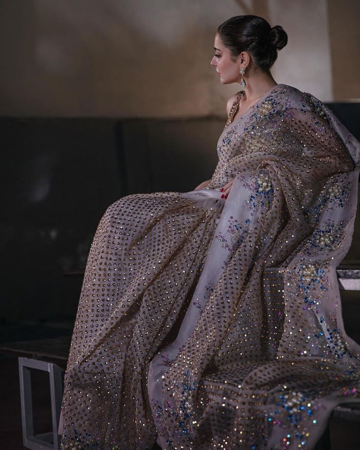Silver Gray Embellished Organza Sari