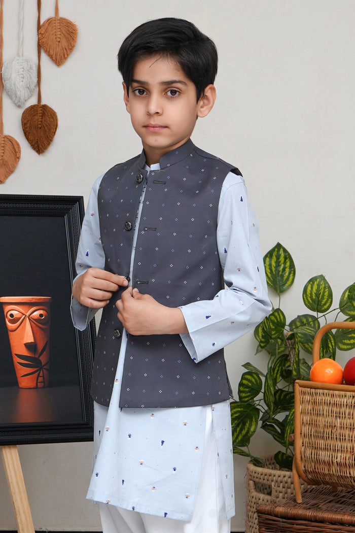 Charcoal Gray Printed Boys Waistcoat
