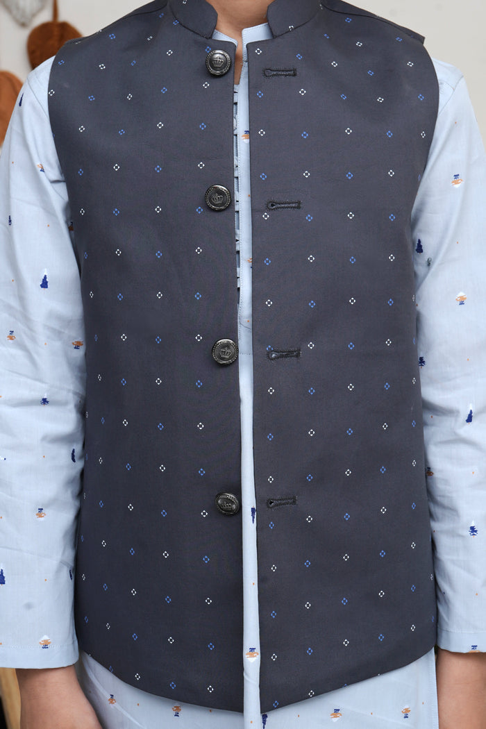 Charcoal Gray Printed Boys Waistcoat