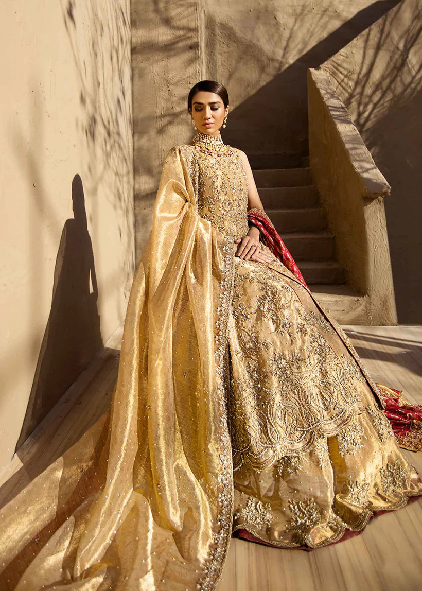 Gold Pakistani Bridal Dress in Gown and Lehenga With Red Dupatta UY Collection Gold Pakistani Bridal Dress in Gown and Lehenga With Red Dupatta UY Collection