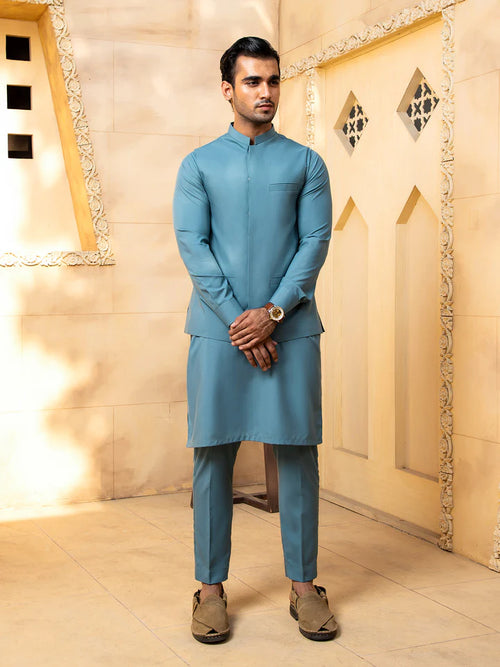 Pacific Blue Kurta Trouser With Waistcoat