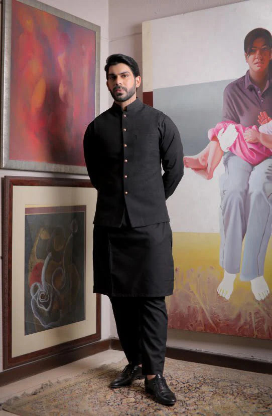 Khaddar Prince Coat Paired with Kurta and Straight Pants