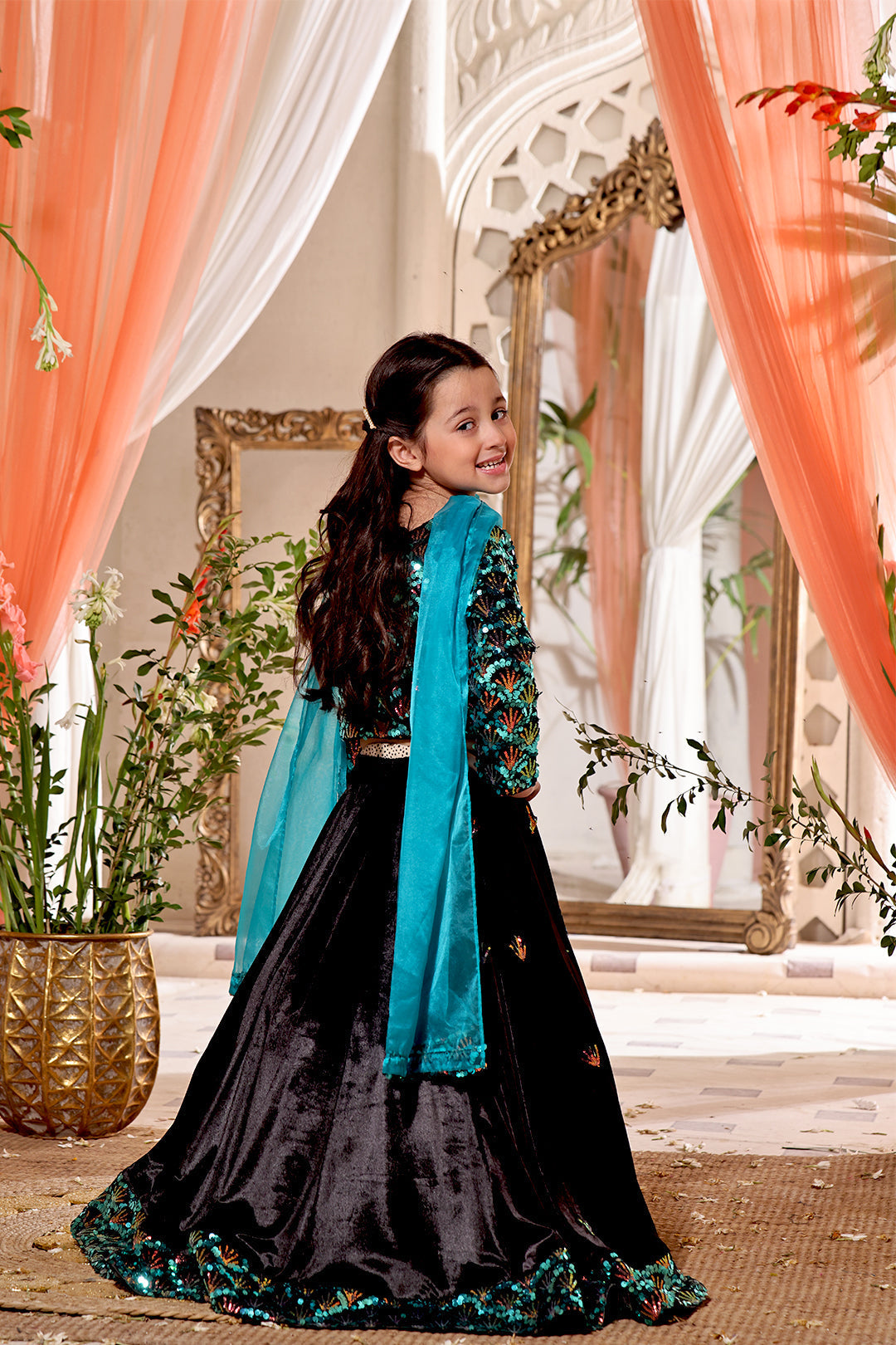 Sequins & Velvet Lehenga Choli — Green Black Velvet