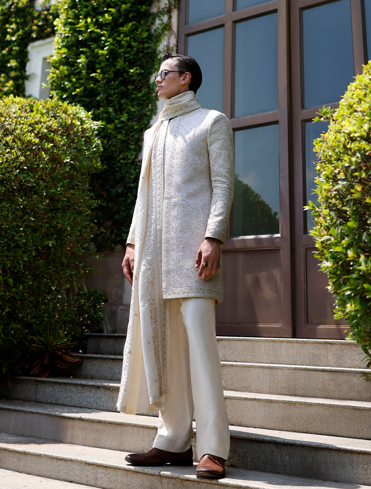 Cream Short Length Embroidered Sherwani