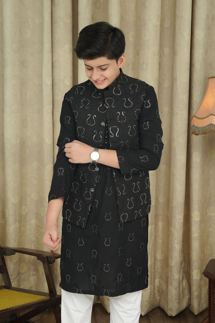 Black Sequence Embroidery Boys Waistcoat