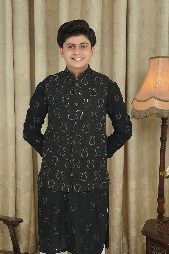 Black Sequence Embroidery Boys Waistcoat