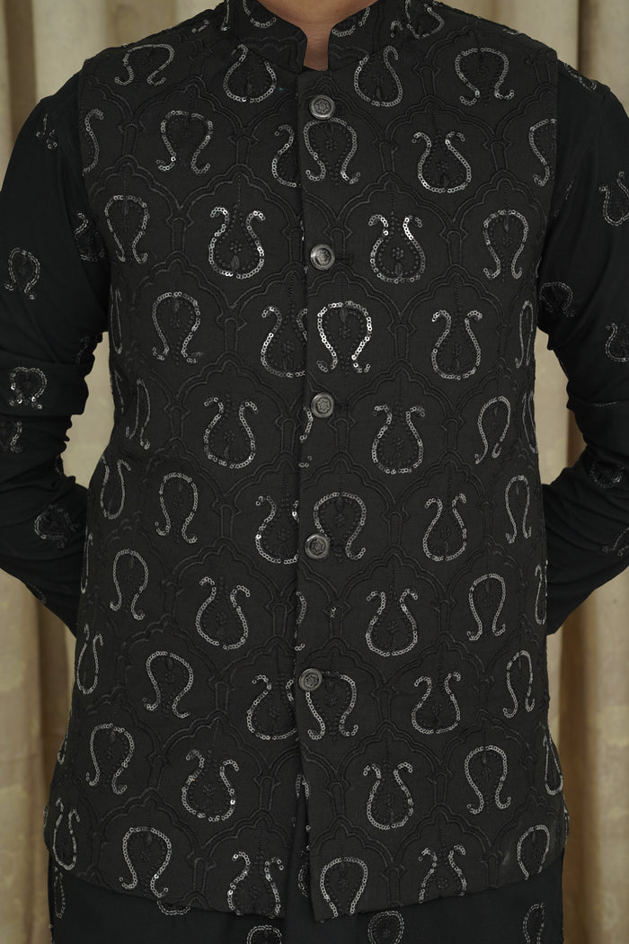 Black Sequence Embroidery Boys Waistcoat
