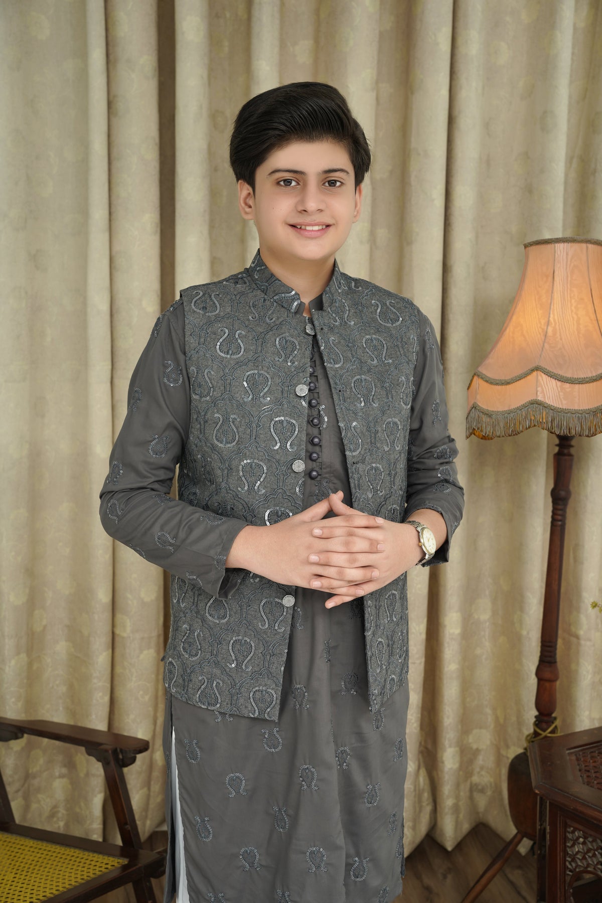 Gray Sequence Embroidery Boys Waistcoat