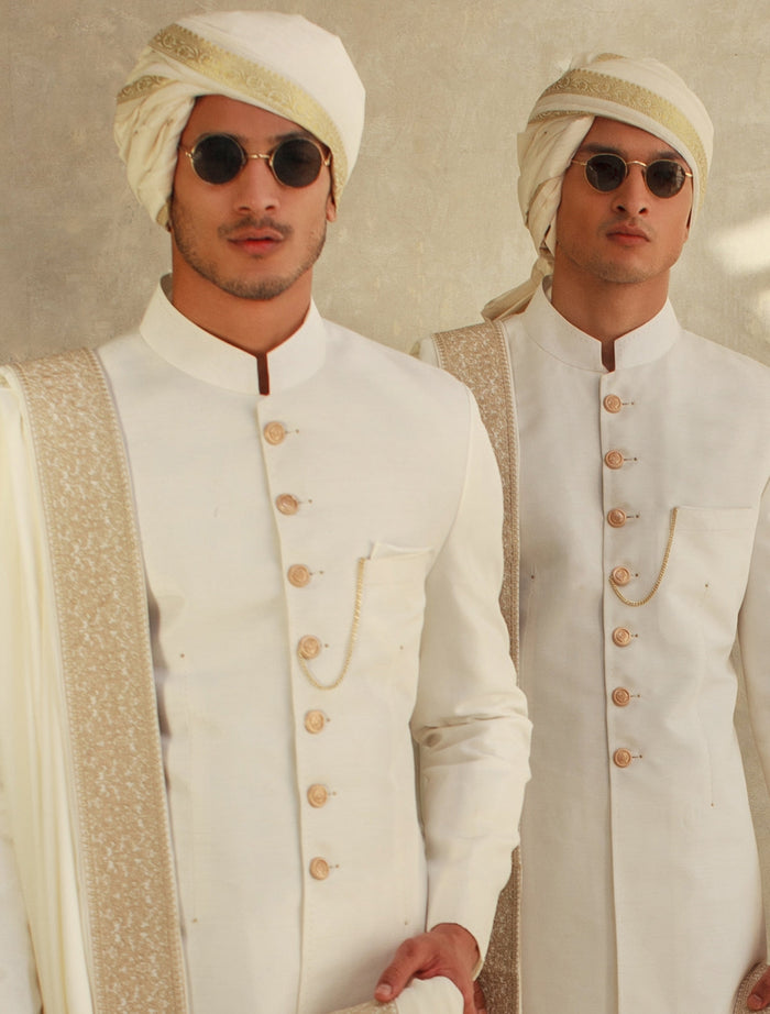 Off-White Turban with Golden Boarder and Short Tail