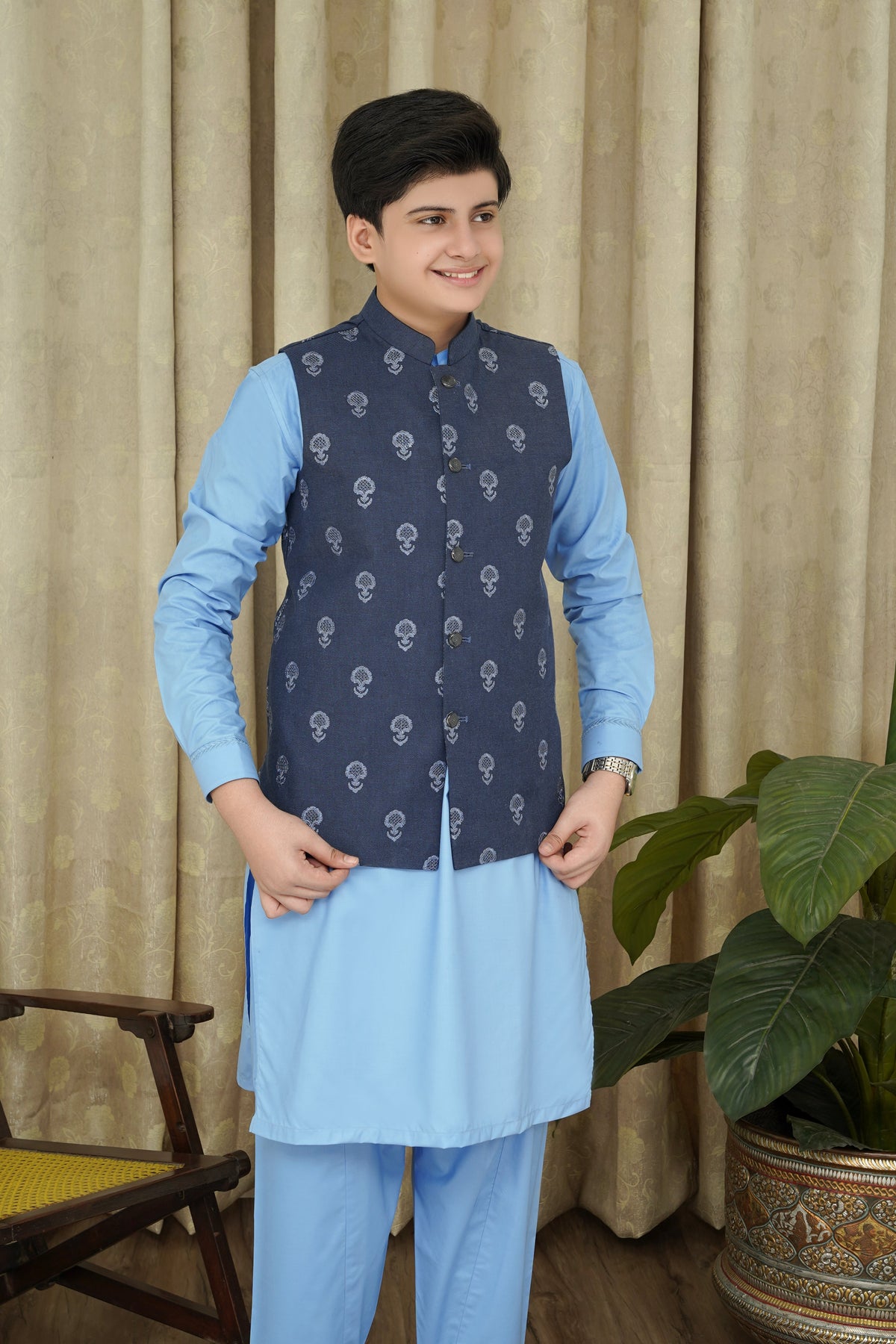 Blue Embroidery Boys Waistcoat