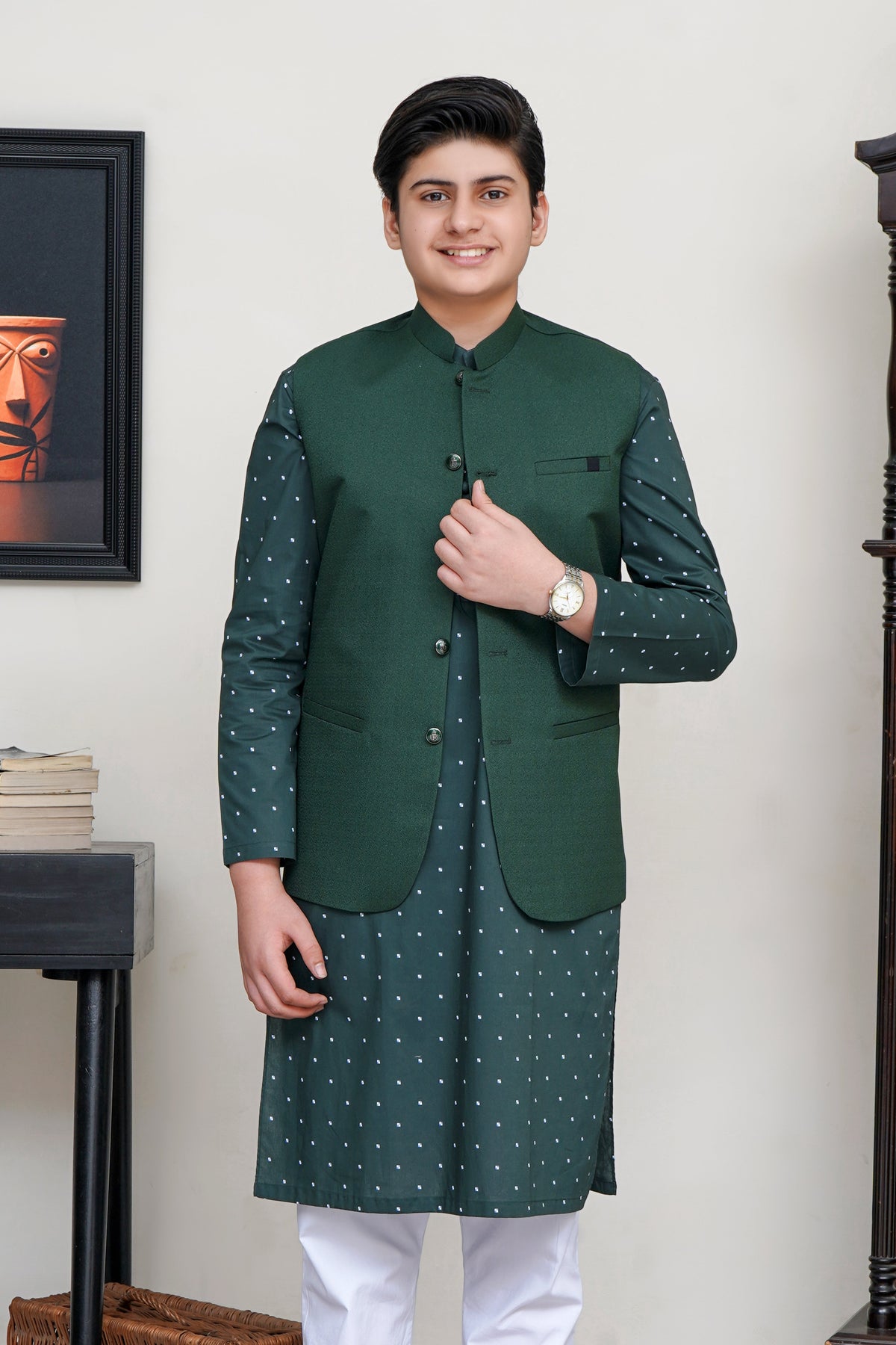 Green Jamawar Boys Waistcoat