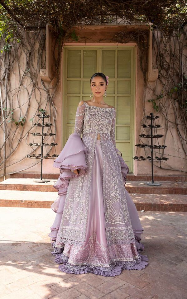 pakistani wedding dress Lilac open gown with lehenga