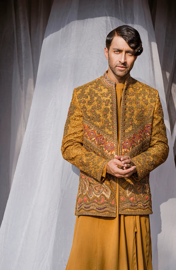 Handcrafted Mustard Prince Coat with Kurta and Pajama