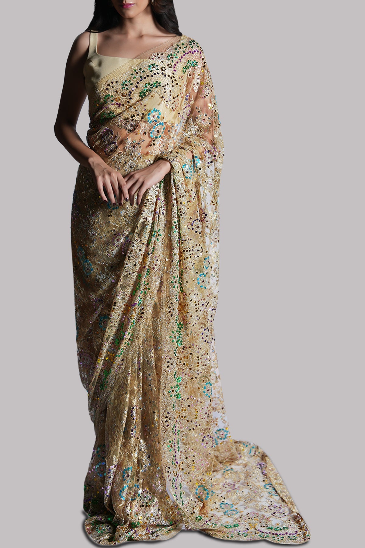Lamb's Wool Embellished Chantilly Lace Sari