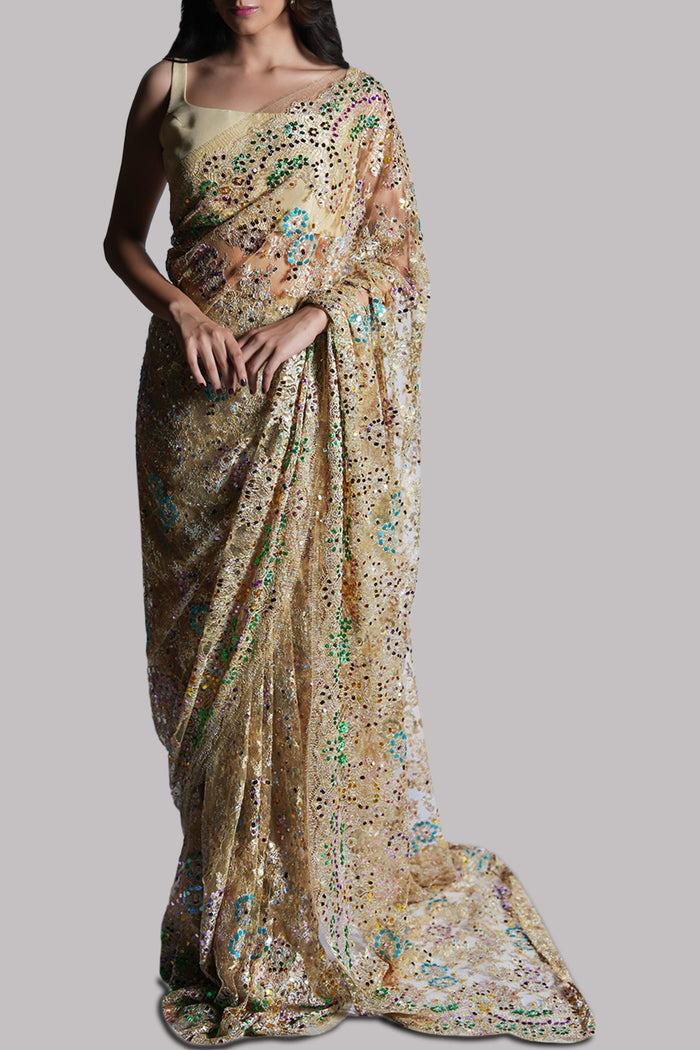 Lamb's Wool Embellished Chantilly Lace Sari
