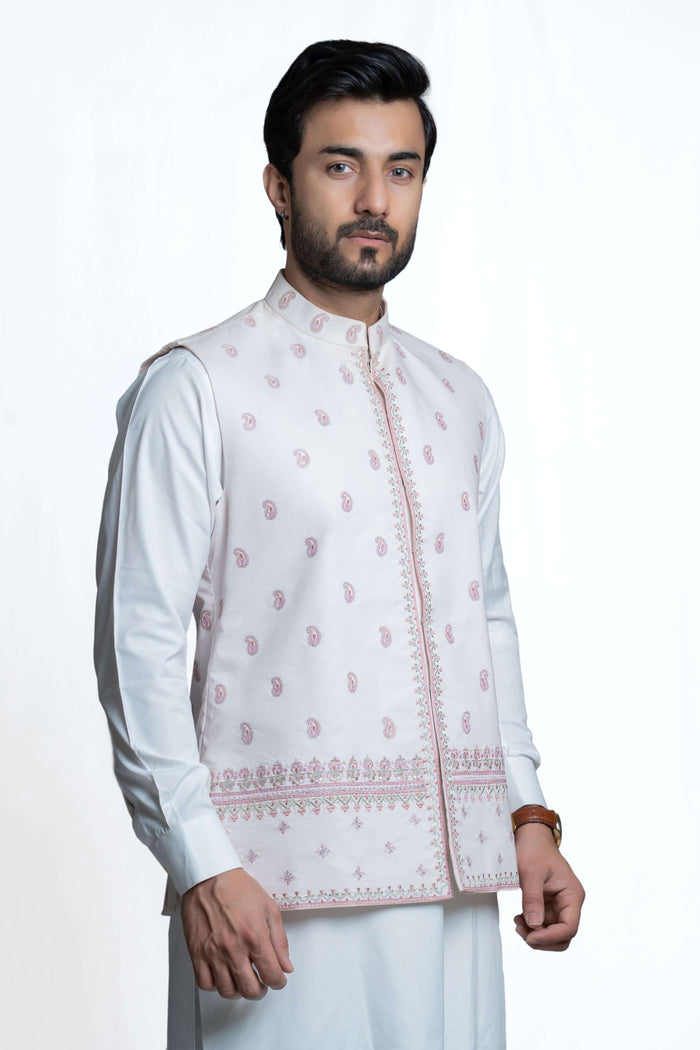 Baby Pink Rawsilk Waistcoat with Persian Art Embroidery