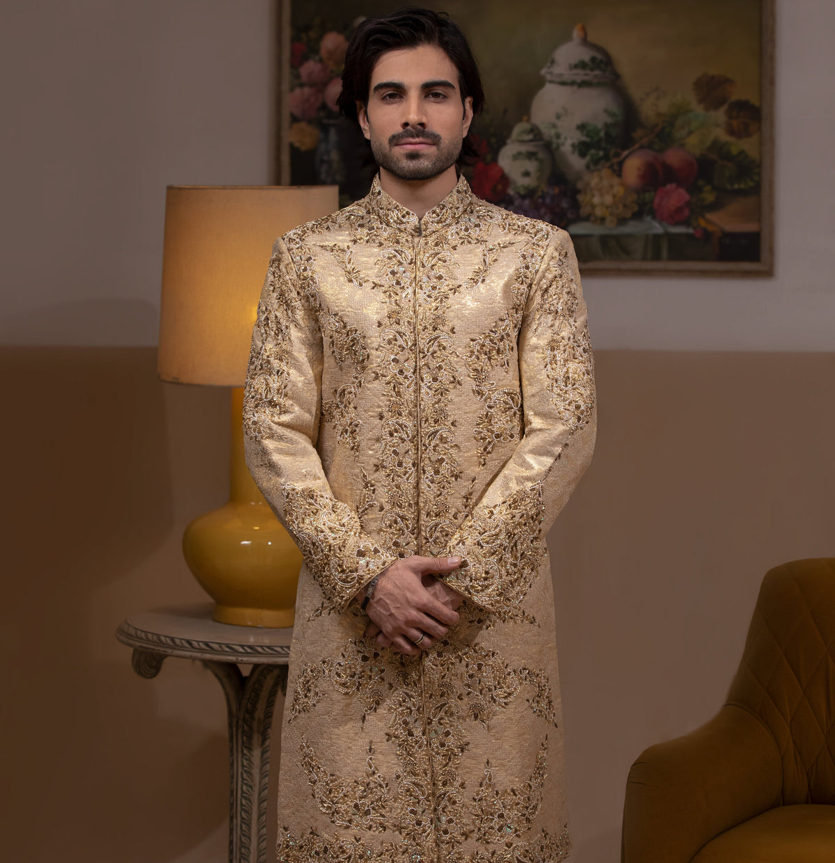 Zeba - Shades of Gold Handcrafted Zardozi Sherwani