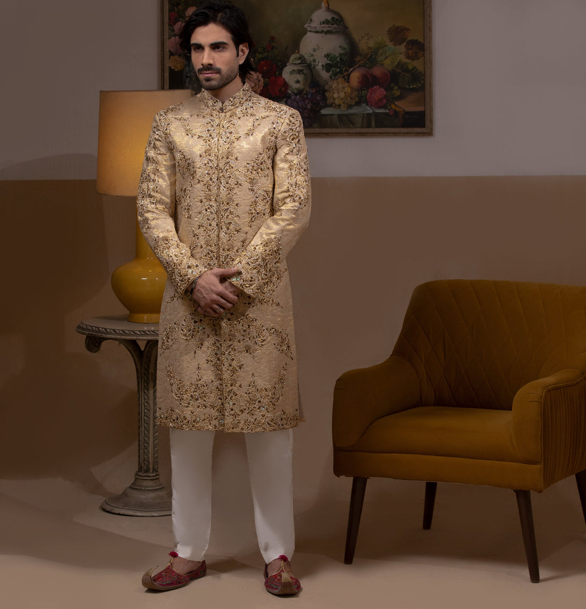 Zeba - Shades of Gold Handcrafted Zardozi Sherwani