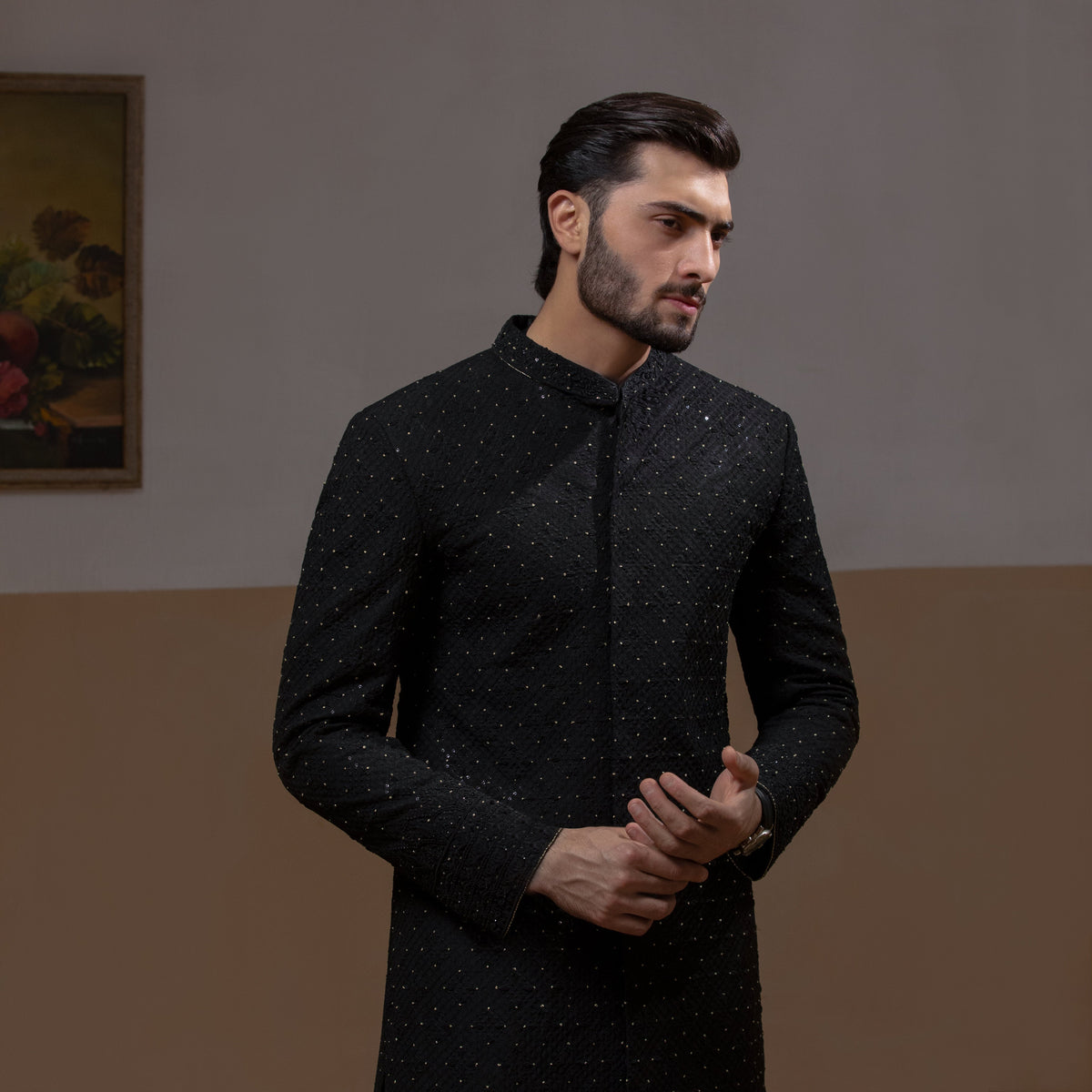 Rumi - Jet Black Handcrafted Zardozi Sherwani with Gold Accents
