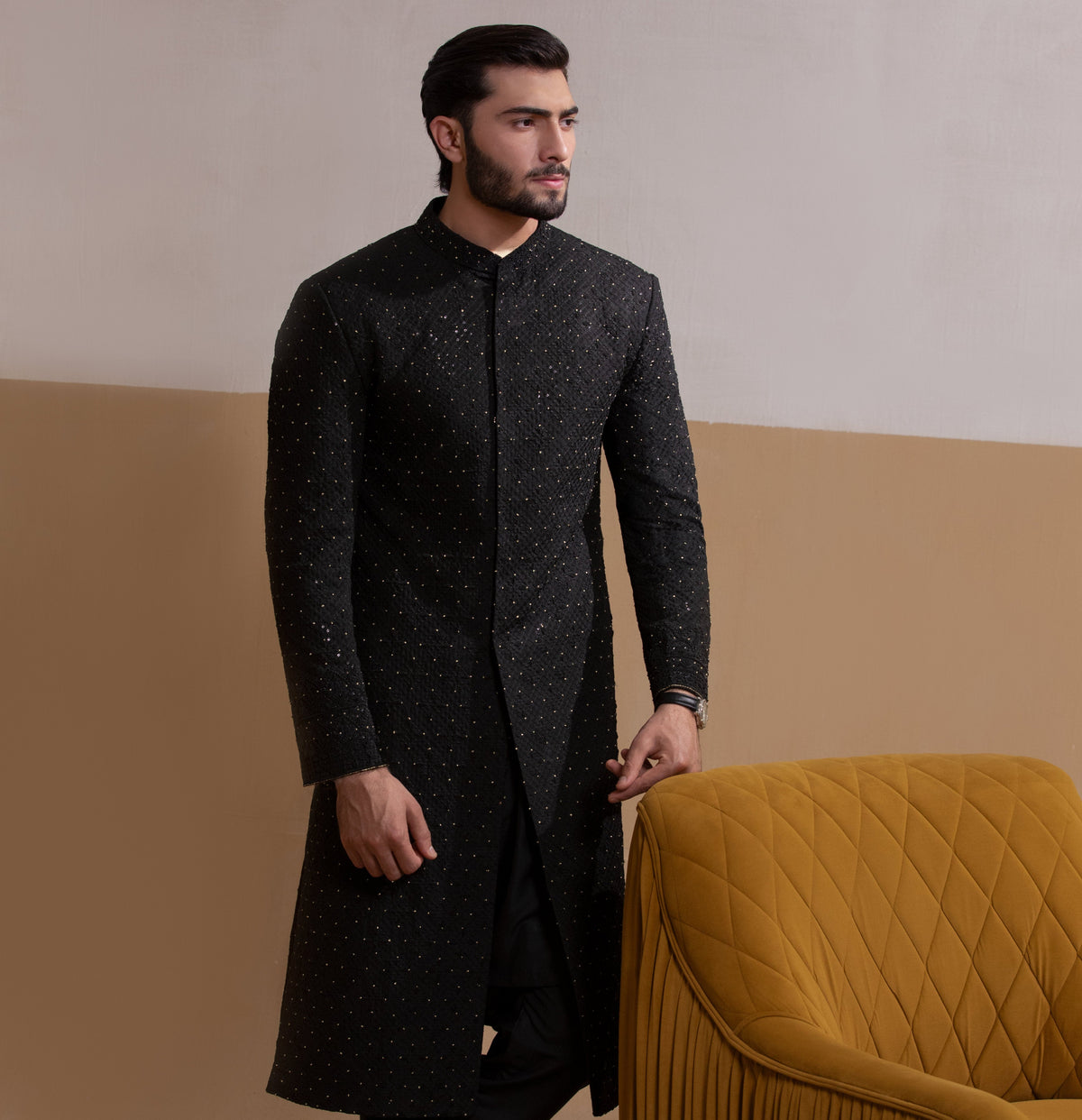Rumi - Jet Black Handcrafted Zardozi Sherwani with Gold Accents
