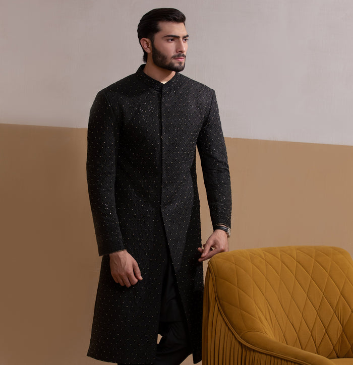 Rumi - Jet Black Handcrafted Zardozi Sherwani with Gold Accents