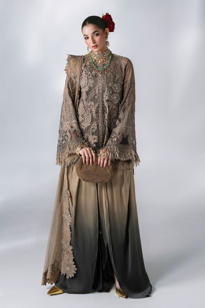 BD-3102 Coffee & Grey Embroidered Chiffon Suit