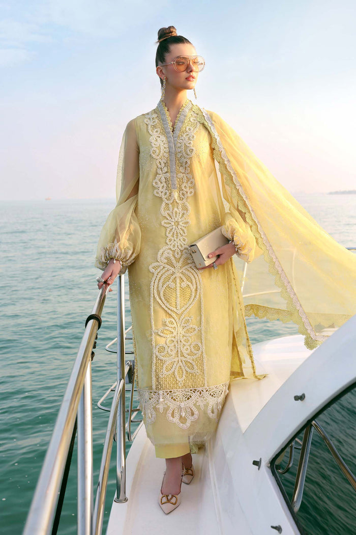3 Piece Unstitched Embroidered Organza Suit (Yellow & Off-White) | D-2604-A
