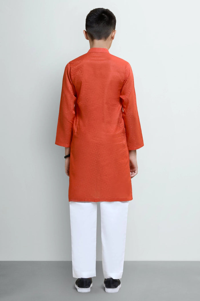 Orange Boys Self Textured Kurta Pajama