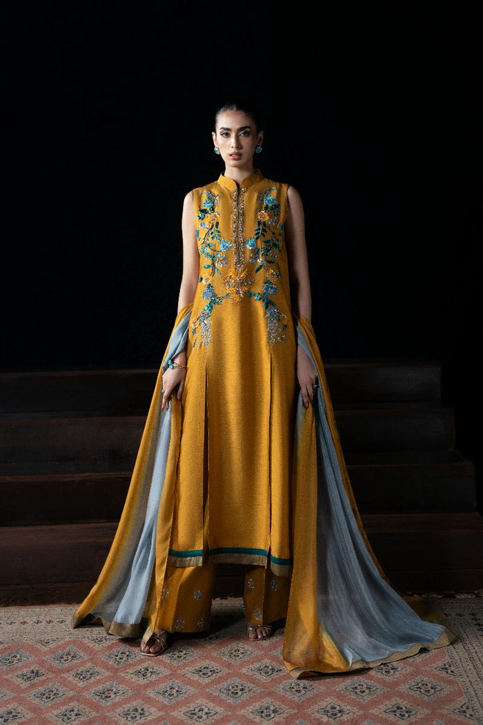 Ziva Mustard Silk 3-Piece Anarkali Set with Embroidery & Organza Dupatta | Eid Ready