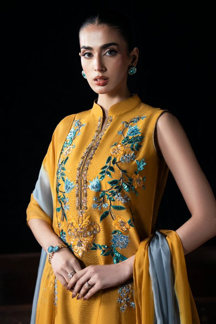 Ziva Mustard Silk 3-Piece Anarkali Set with Embroidery & Organza Dupatta | Eid Ready