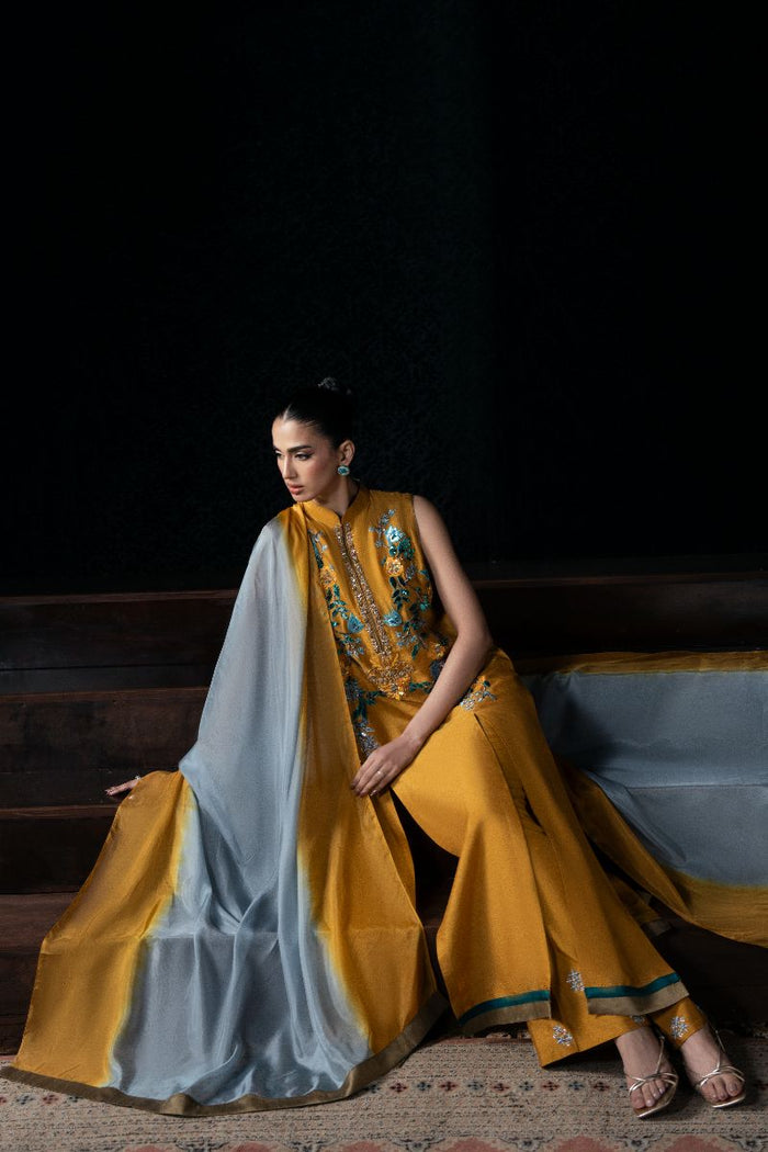 Ziva Mustard Silk 3-Piece Anarkali Set with Embroidery & Organza Dupatta | Eid Ready