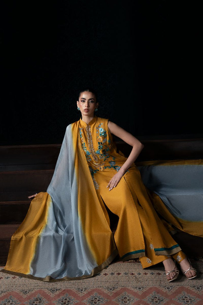 Ziva Mustard Silk 3-Piece Anarkali Set with Embroidery & Organza Dupatta | Eid Ready