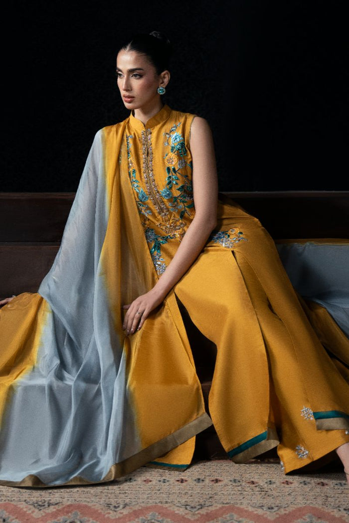 Ziva Mustard Silk 3-Piece Anarkali Set with Embroidery & Organza Dupatta | Eid Ready