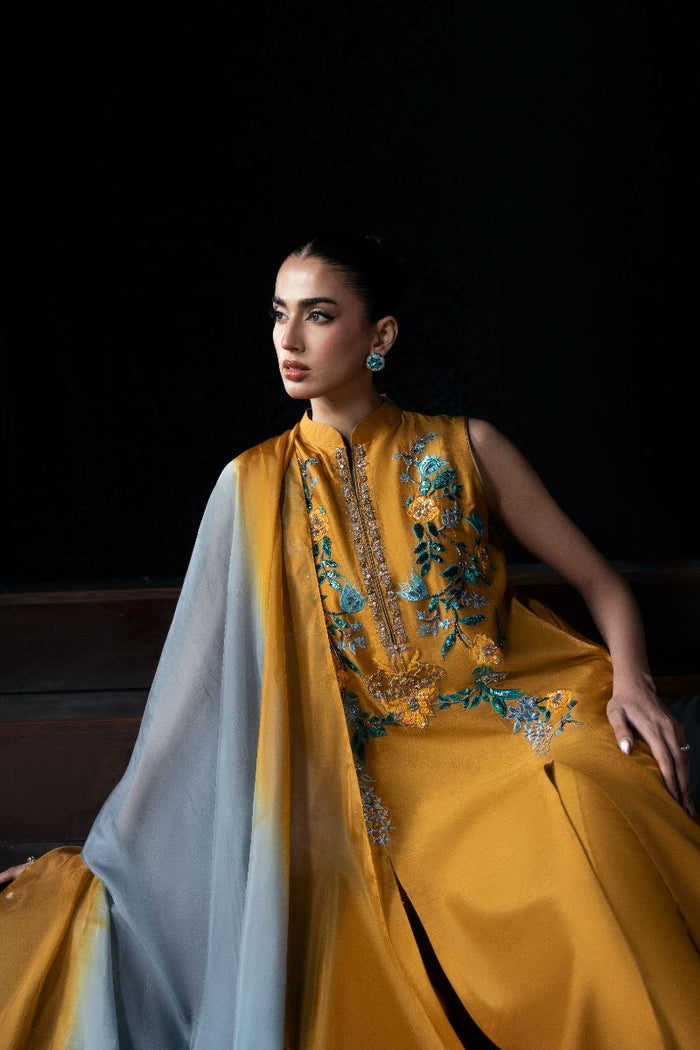 Ziva Mustard Silk 3-Piece Anarkali Set with Embroidery & Organza Dupatta | Eid Ready