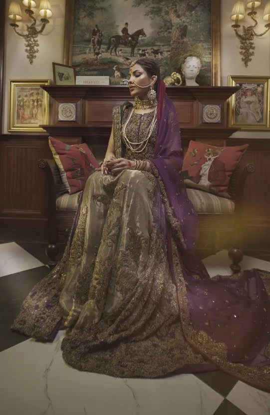 Traditional Antique Gold Embroidered Front Open Gown