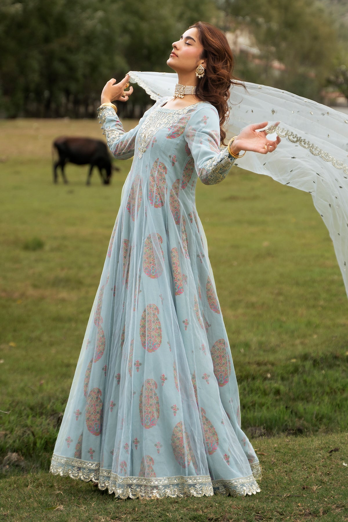 3-PC Stitched Embroidered Poly Net CMA-6-540