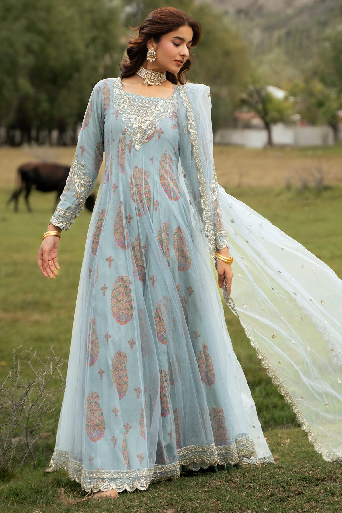3-PC Stitched Embroidered Poly Net CMA-6-540