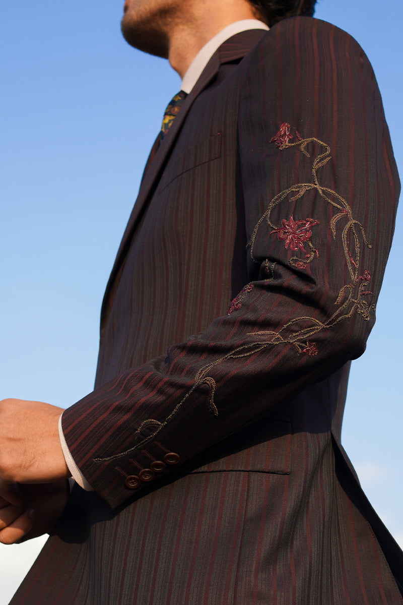 Burgundy Striped Single Breasted Suit