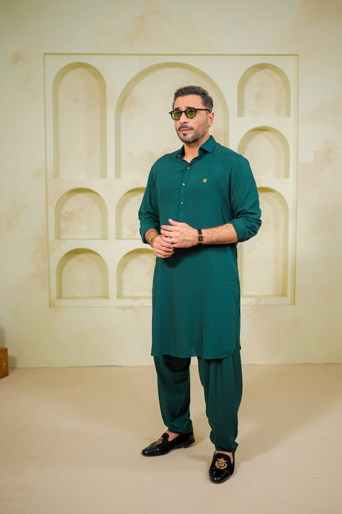 Emerald Green Bosky Linen Shalwar Kameez