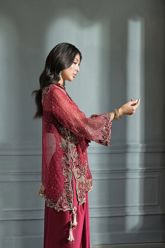 Reem Velvet Bandeau & Silk Draped Skirt with Embroidered Organza Jacket | Uzman Yasen