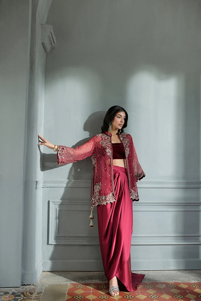 Reem Velvet Bandeau & Silk Draped Skirt with Embroidered Organza Jacket | Uzman Yasen